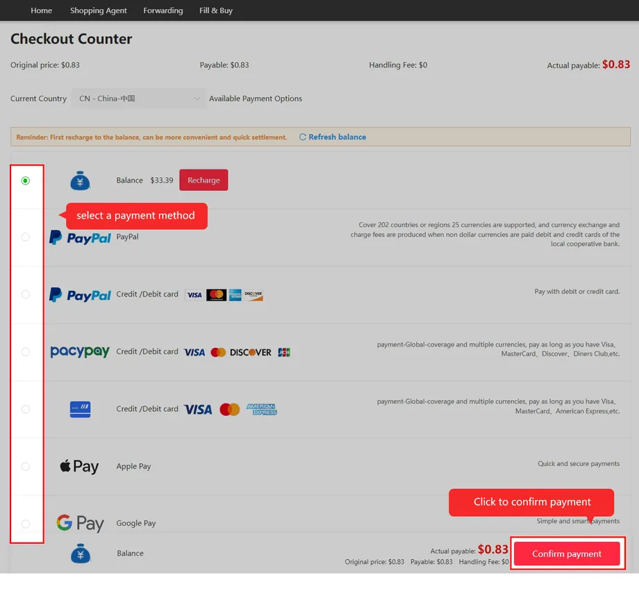 Official tutorial checkout listing balance and several payment methods