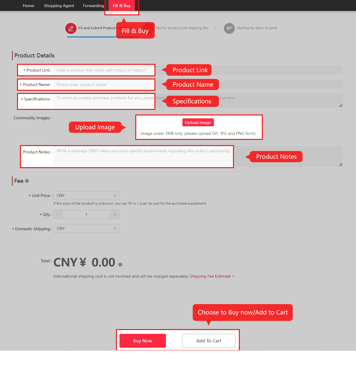 Official Fill & Buy form: product link, name, specifications, image, price and domestic shipping.