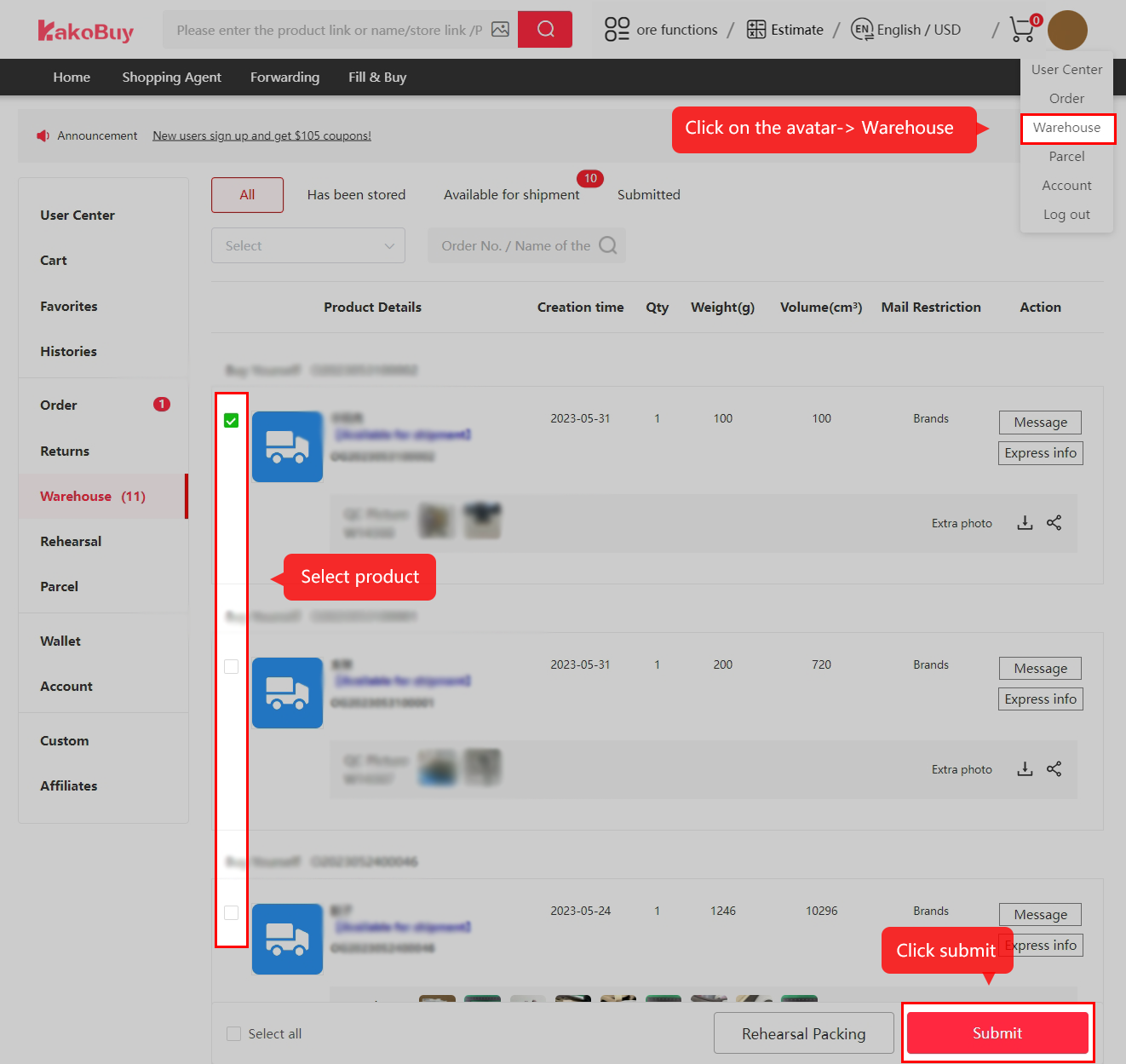 Official tutorial 11: Select the stored items for a parcel.