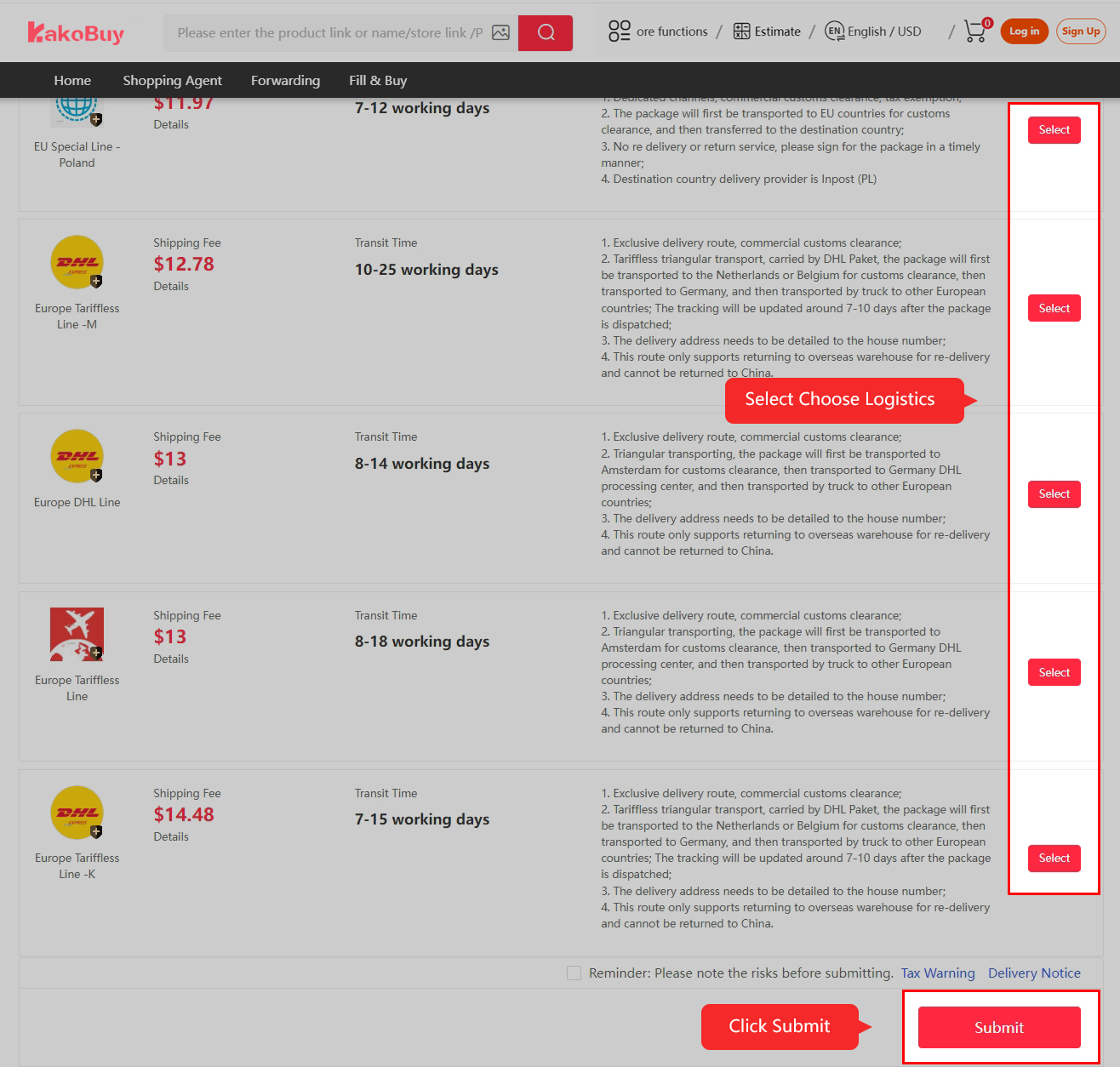 Official tutorial 13: Choose eligible logistics. The old Poland route list and prices are examples, not current offers.