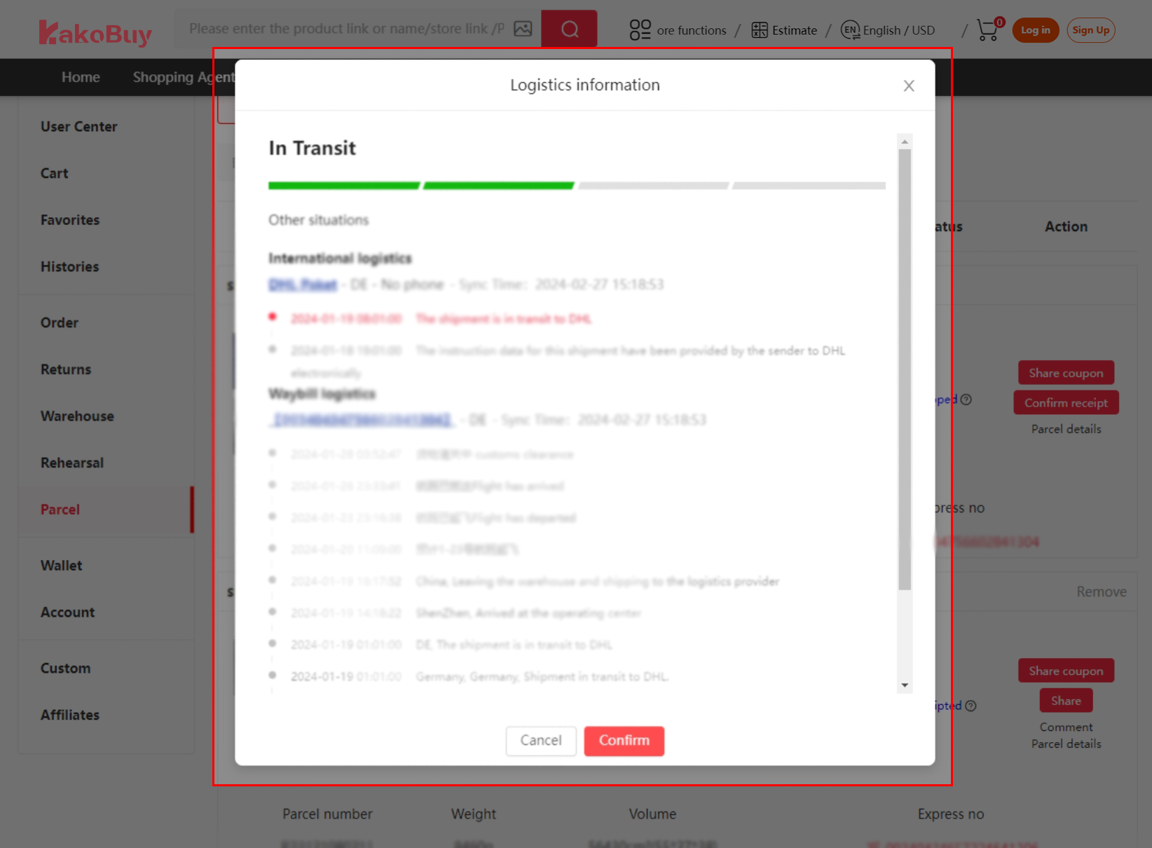 Official tutorial 16: Open the parcel’s logistics and tracking details.