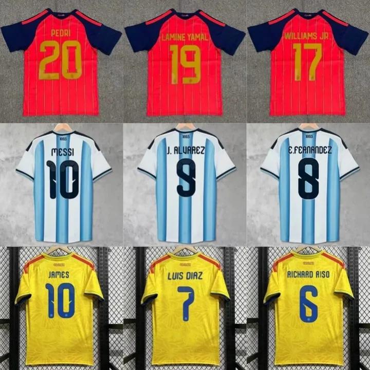Numbered football shirts in red, light blue and yellow